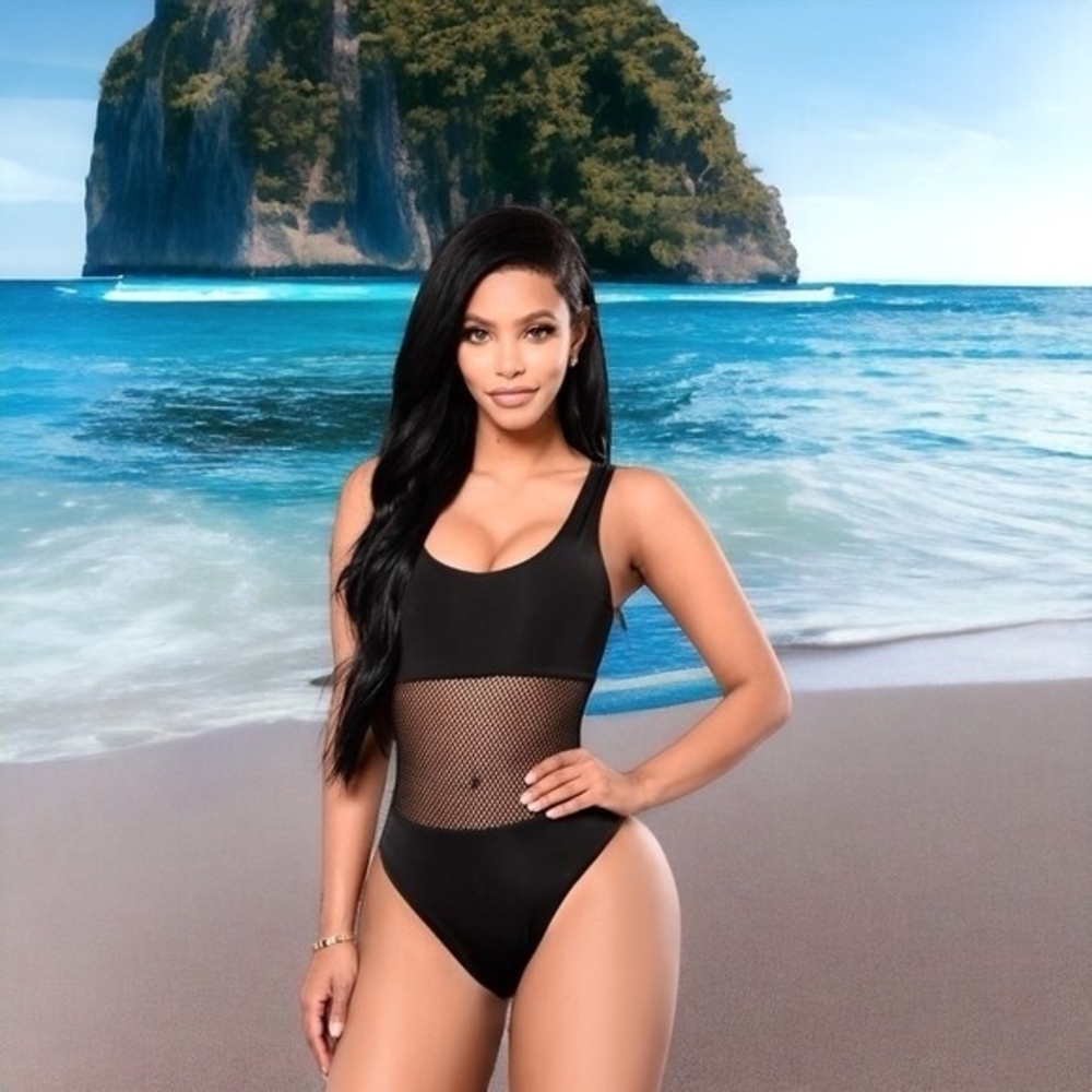 Fashion Nova Waisted Swimsuit L Black One Piece Bathing Suit Bodysuit NWT